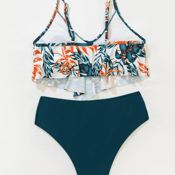 New Tropical Hanky Hem High Waisted Bikini Swimsuit Green - Picture 3 of 8